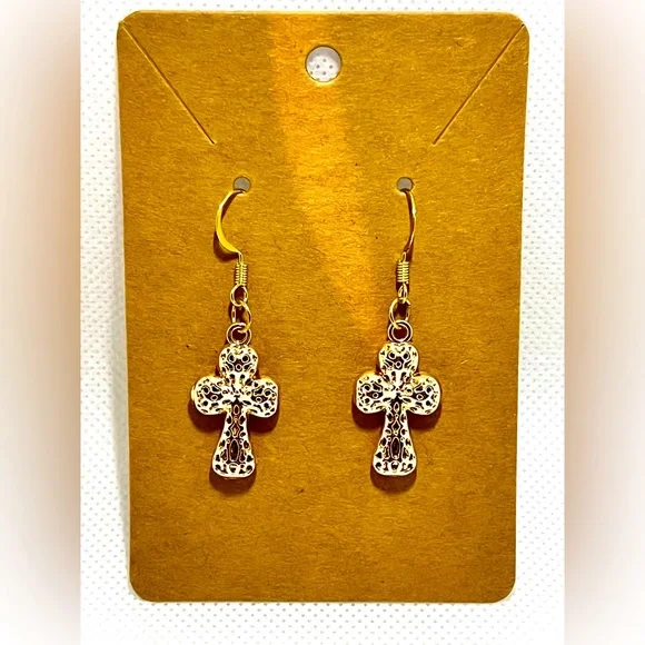 NWT Gold Cross Earrings Drop Dangle Textured 3D 18k gold plated hook boutique - Picture 3 of 10